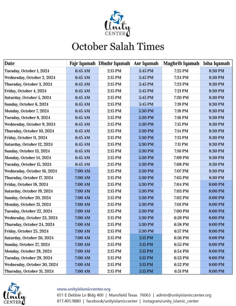 October Iqamah TImes