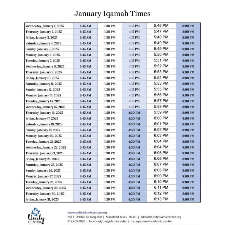 January 2025 Salat TImes